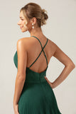 A-Line Tiered Chiffon Dark Green Long Bridesmaid Dress with Pleated