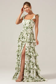 Green A Line Ruffles Tiered Lace Up Back Long Satin Floral Dress with Slit