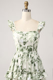 Green Floral Ruffles Tiered Prom Dress with Slit
