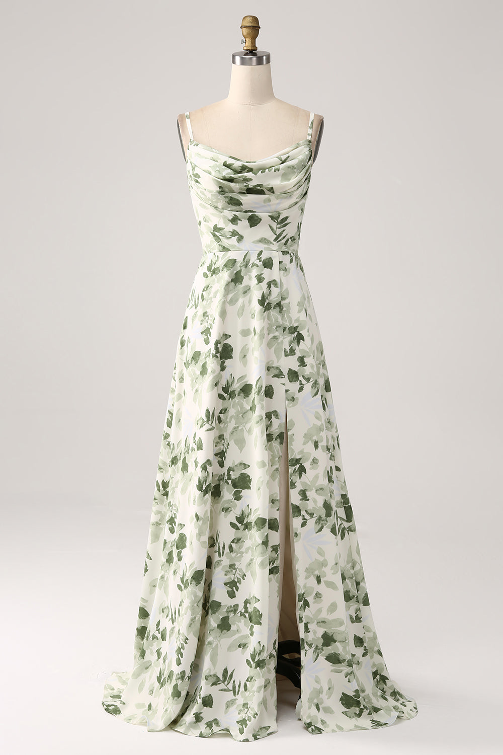 ZAPAKA Women Cowl Neck Green Floral Bridesmaid Dress with Slit A Line
