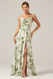 Cowl Neck A Line Lace Up Back Long Green Floral Dress with Slit