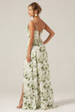 Cowl Neck A Line Lace Up Back Long Green Floral Dress with Slit