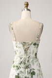 Cowl Neck Green Floral A Line Prom Dress with Slit