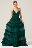 Dark Green A Line Spaghetti Straps Tiered Bridesmaid Dress with Pleated