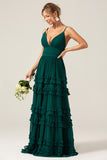 Dark Green A Line Spaghetti Straps Tiered Bridesmaid Dress with Pleated