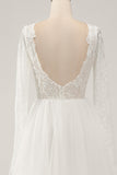 Elegant Ivory A Line Backless Long Sleeves Wedding Dress with Lace