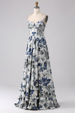 Pleated Blue Printed Corset Long Prom Dress with Slit