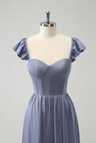 Grey Blue A Line Backless Corset Chiffon Bridesmaid Dress