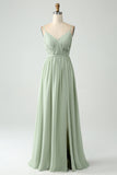 A-Line Dusty Sage Chiffon Spaghetti Straps Long Bridesmaid Dress with Slit