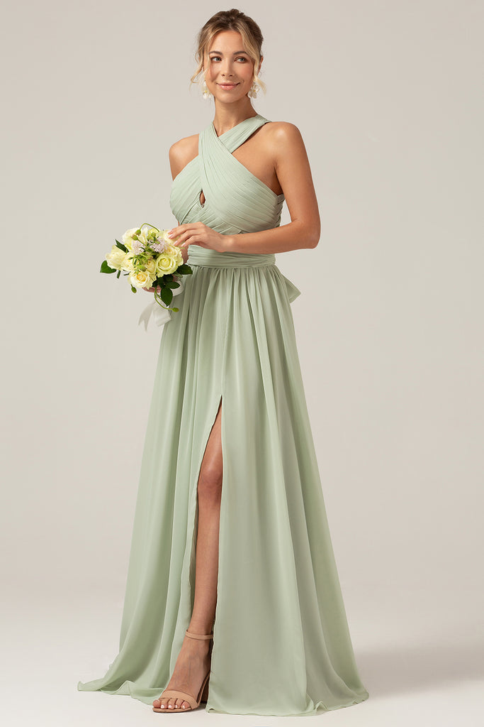 Warp Bodic Chiffon Long Dresses with Sash Bow Dusty Sage