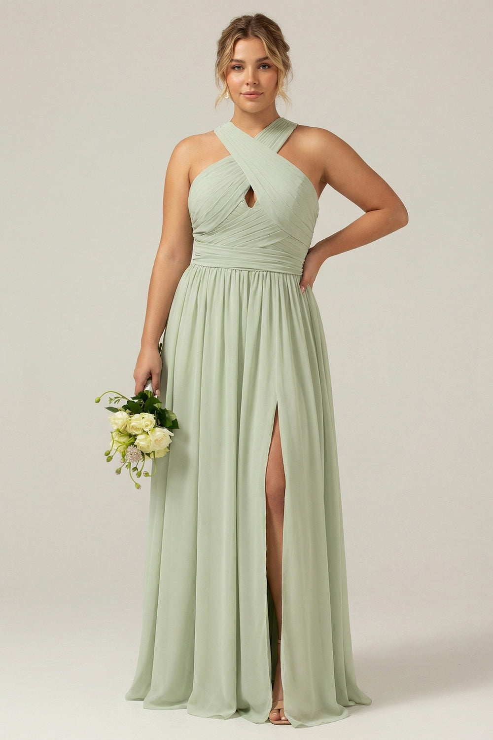 Zapaka Women Dusty Sage Long Plus Size Bridesmaid Dress with Slit Halter Chiffon A Line Wedding Guest Dress, Dusty Sage / US26W Zapaka Women Dusty Sage Long Plus Size Bridesmaid Dress with Slit Halter Chiffon A Line Wedding Guest Dress, Dusty Sage / US26W