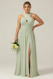 Dusty Sage A Line Halter Chiffon Pleated Long Plus Size Bridesmaid Dress with Slit