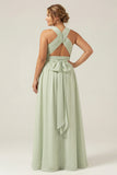 Dusty Sage A Line Halter Chiffon Pleated Long Plus Size Bridesmaid Dress with Slit