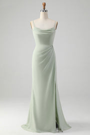 Matcha A Line Spaghetti Straps Satin Long Bridesmaid Dress with Lace Up Back