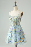 Elegant Blue Flower A Line Corset Short Homecoming Dress with Embroidery