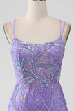 Sparkly Lilac Bodycon Sequins Appliques Short Homecoming Dress with Slit