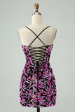 Sparkly Fuchsia Bodycon Spaghetti Straps Sequins Short Homecoming Dress