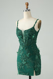 Dark Green Bodycon Spaghetti Straps Short Homecoming Dress with Appliques