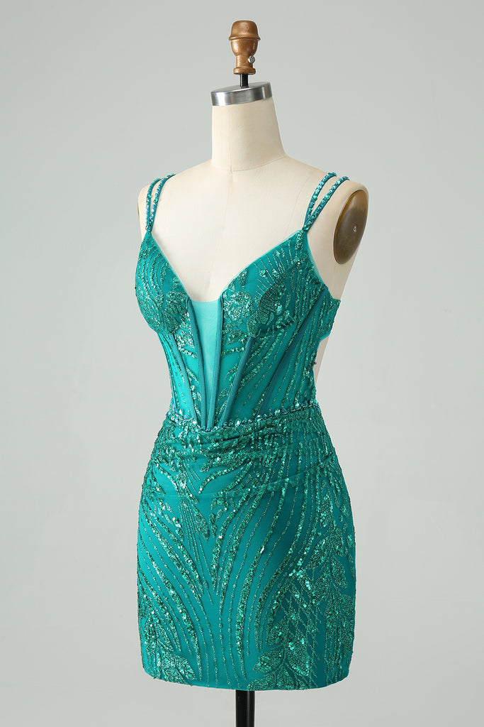 Sparkly Dark Green Beaded Sequins Bodycon Homecoming Dress with Lace-up Back