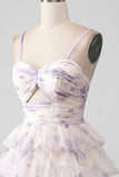 Lavender Flower A Line Spaghetti Straps Tiered Pleated Short Homecoming Dress