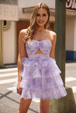 A Line Spaghetti Straps Tiered Pleated Lavender Flower Short Homecoming Dress