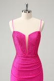 Fuchsia Bodycon Spaghetti Straps Ruched Short Homecoming Dress with Beading