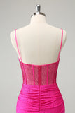 Fuchsia Bodycon Spaghetti Straps Ruched Short Homecoming Dress with Beading