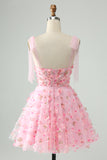 Cute Pink A Line Spaghetti Straps Short Homecoming Dress with 3D Flowers