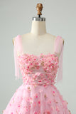 Cute Pink A Line Spaghetti Straps Short Homecoming Dress with 3D Flowers