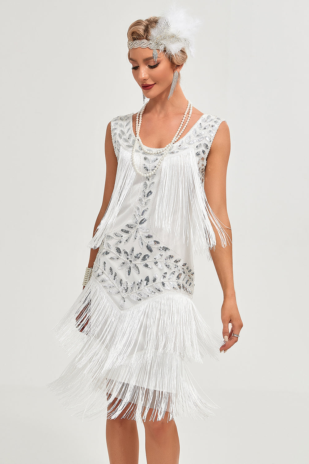 Zapaka Women 1920s Gatsby Dress Champagne Round Neck Vintage Dress with Fringes, White / XL Zapaka Women 1920s Gatsby Dress Champagne Round Neck Vintage Dress with Fringes, White / XL