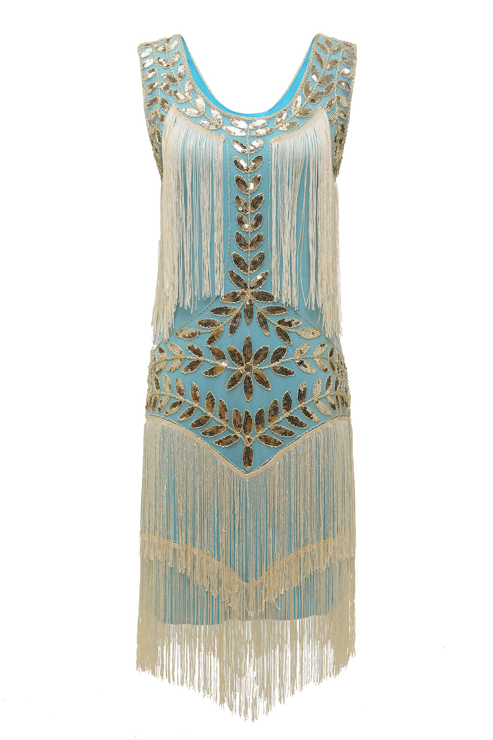 Zapaka Women 1920s Gatsby Dress Champagne Round Neck Vintage Dress with ...