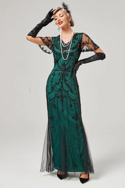Dark Green Roaring 20s Long Evening Gown with Sheer Black Overlays