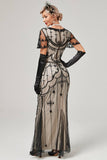 Dark Green Roaring 20s Long Evening Gown with Sheer Black Overlays