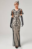Dark Green Roaring 20s Long Evening Gown with Sheer Black Overlays