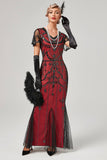 Dark Green Roaring 20s Long Evening Gown with Sheer Black Overlays