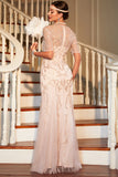 Long Flapper Dresses 1920s Beaded Great Gatsby Dress With Short Sleeves