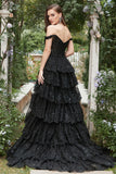 Sparkly A Line Black Off The Shoulder Corset Sequin Tiered Prom Dress with Slit