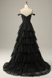 Princess A Line Off the Shoulder Black Pink Long Prom Dress with Tiered Lace