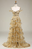 Princess A Line Off The Shoulder Gold Tiered Prom Dress