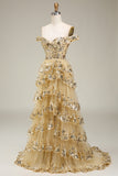 Princess A Line Off The Shoulder Gold Tiered Prom Dress