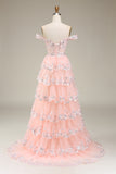 Princess A Line Off the Shoulder Pink Long Prom Dress with Appliques