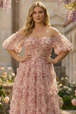 Pink A-Line Sheer Boned Corset Off The Shoulder Long Floral Plus Size Prom Dress
