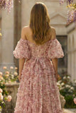 Pink A-Line Sheer Boned Corset Off The Shoulder Long Floral Plus Size Prom Dress