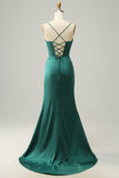 Mermaid Spaghetti Straps Dark Green Long Prom Dress with Split Front
