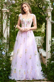 Lilac A Line Corset Tulle Long Prom Dress with Embroidery