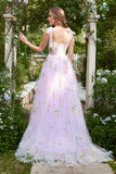 Lilac A Line Corset Tulle Long Prom Dress with Embroidery