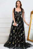 A Line Spaghetti Straps Black Corset Prom Dress with Embroidery