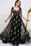 A Line Spaghetti Straps Black Plus Size Prom Dress with Embroidery