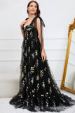 A Line Spaghetti Straps Black Plus Size Prom Dress with Embroidery