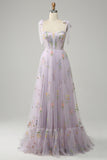 Grey Blue Tulle A Line Corset Prom Dress with Embroidery